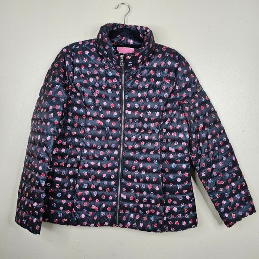 Kate Spade Black & Multicolor Floral Print Zip-Up Puffer Jacket large